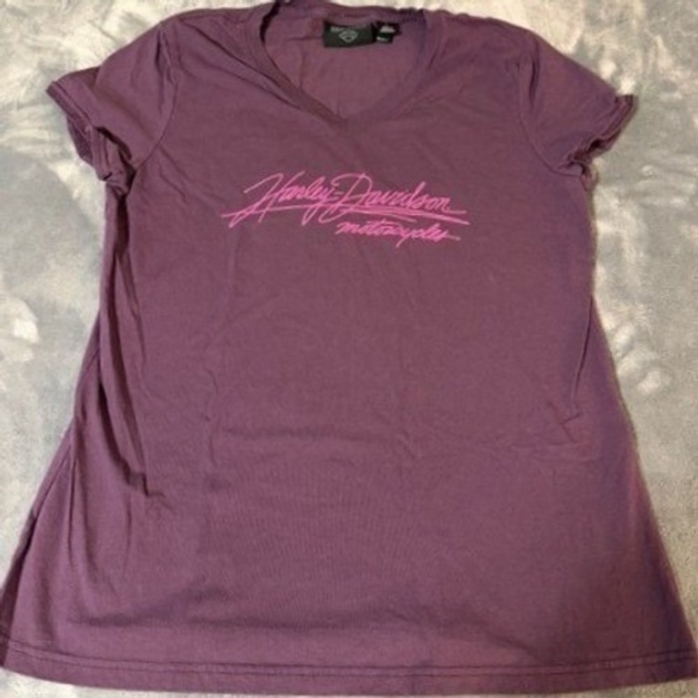 Harley-Davidson Womens Large V-Neck Graphic Shirt Purple Mountain Creek Dalton